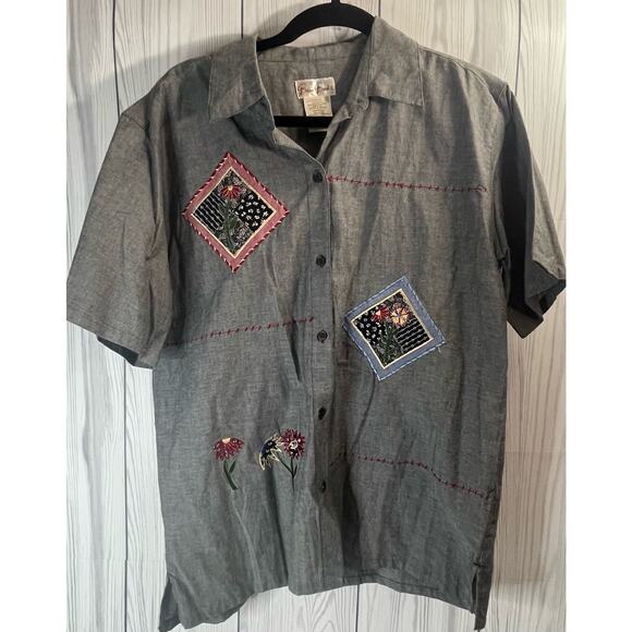 Bobbie Brooks Blouse Shirt Womens Large Short Sleeve Embroidery Gray Floral Vtg - Picture 1 of 8